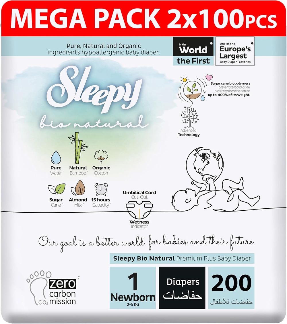 Sleepy - Bio Natural Premium Plus Baby Diaper - Size 1 Newborn - 2-5 kg - 200 Pcs