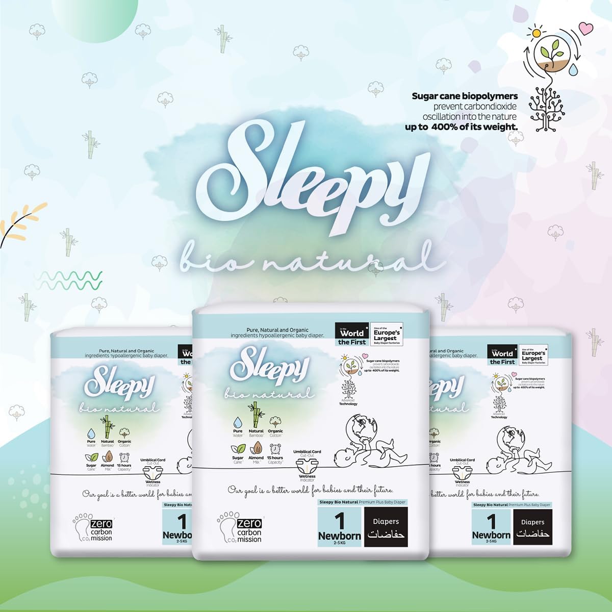 Sleepy - Bio Natural Premium Plus Baby Diaper - Size 1 Newborn - 2-5 kg - 200 Pcs