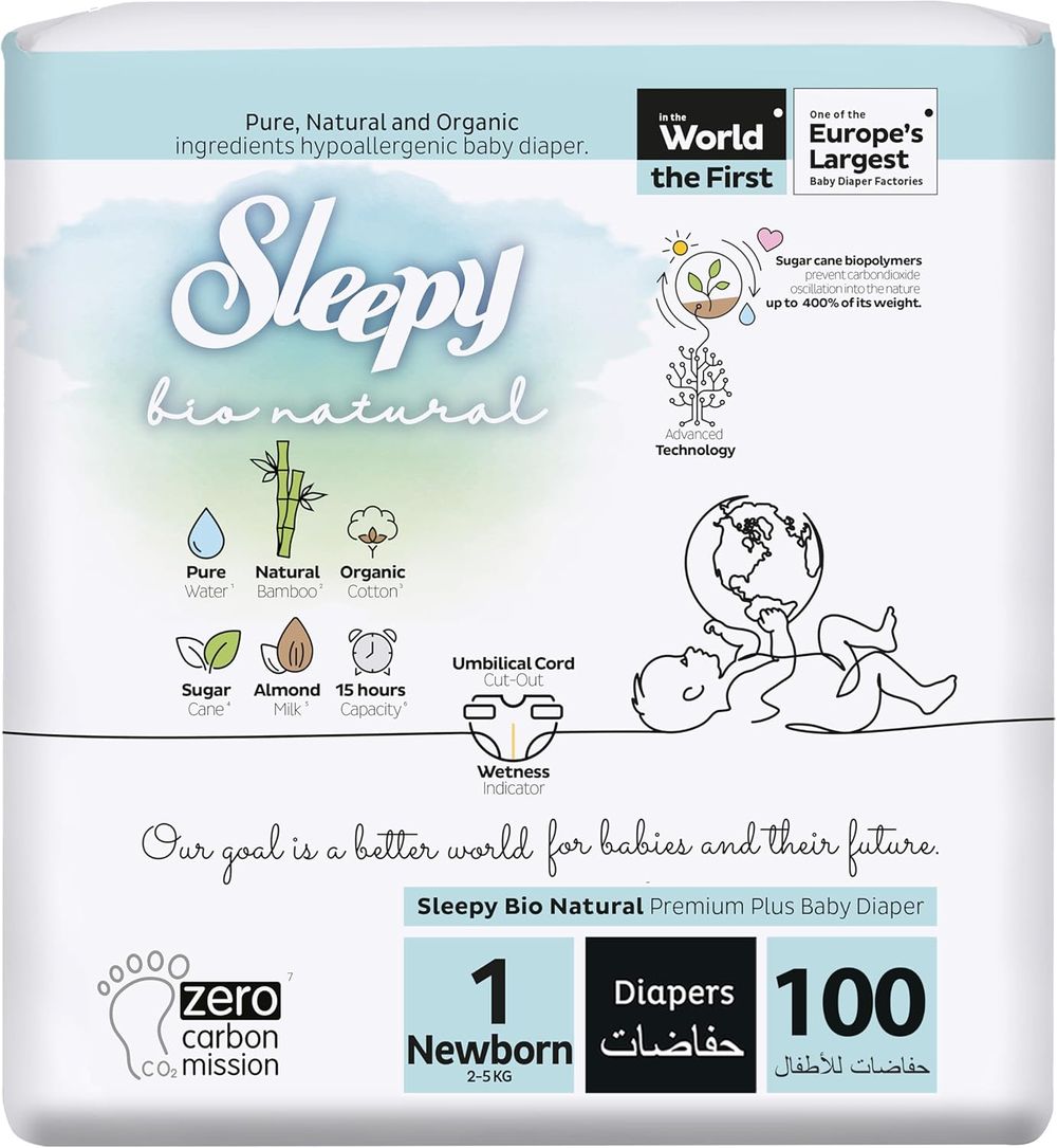 Sleepy - Bio Natural Premium Plus Baby Diaper - Size 1 Newborn - 2-5 kg - 100 Pcs