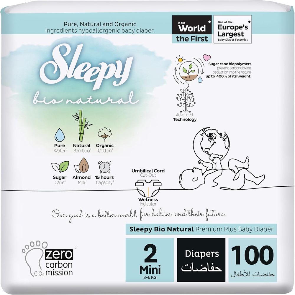 Sleepy - Bio Natural Premium Plus Baby Diaper - Size 2 Mini - 3-6 kg - 100 Pcs