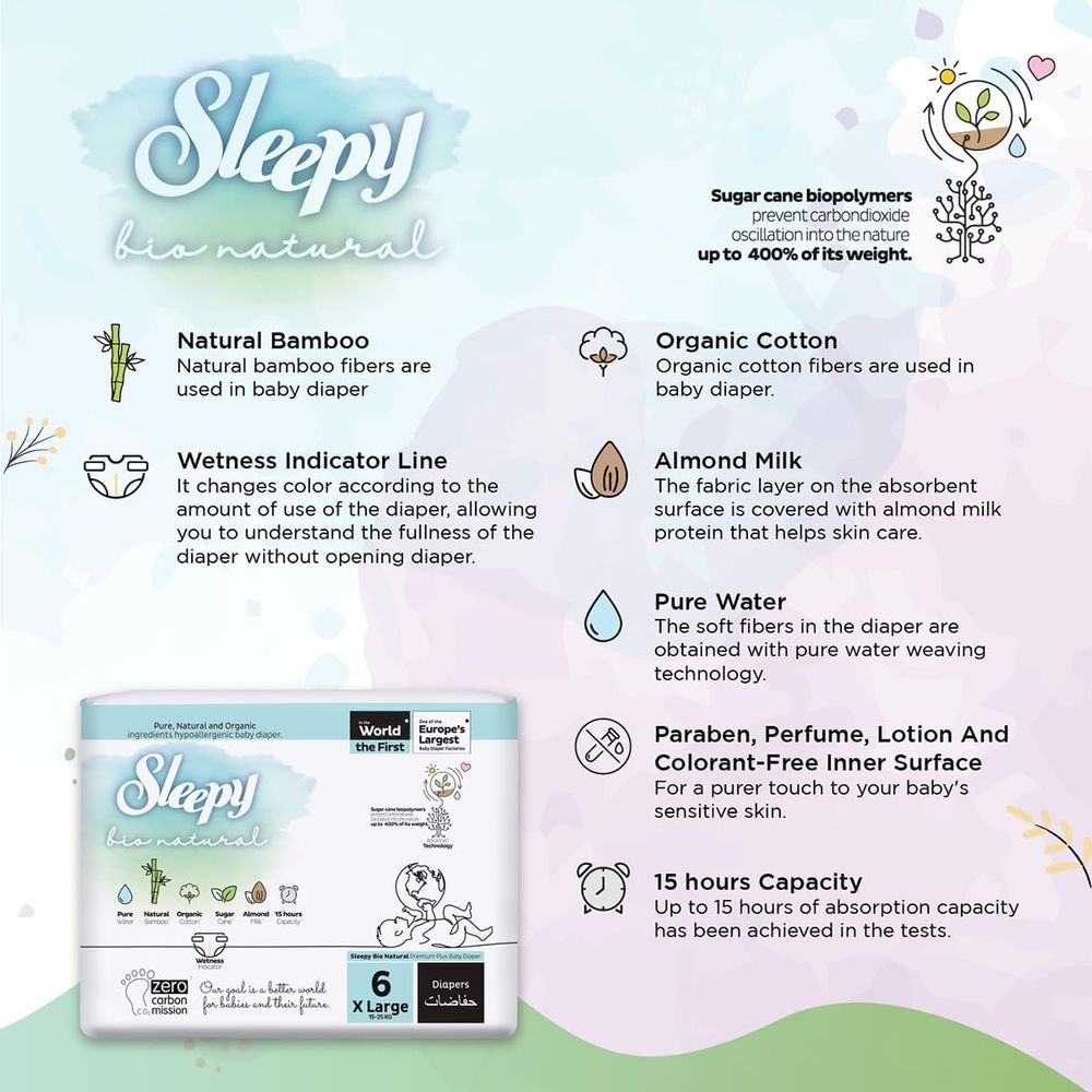 Sleepy - Bio Natural Premium Plus Baby Diaper - Size 6 XL - 15-25 kg - 100 Pcs