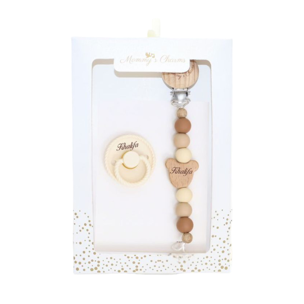 دلايات الأم - مشبك مصاصة تيدي شخصي مع مصاصة فريج - بني