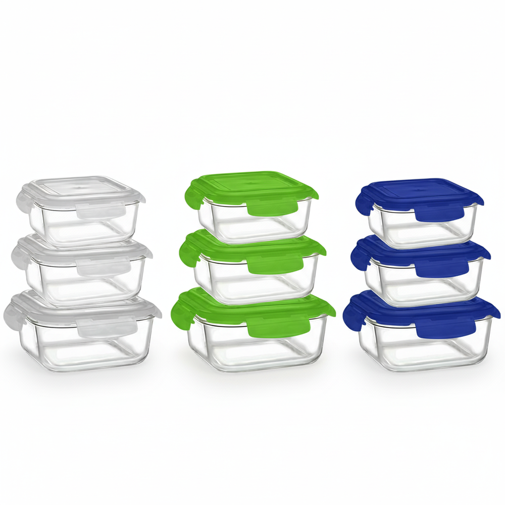 بوروسيل - طقم زجاج لتخزين الطعام - 3 قطع - 320 مل، 520 مل، 800 مل - قد يختلف اللون