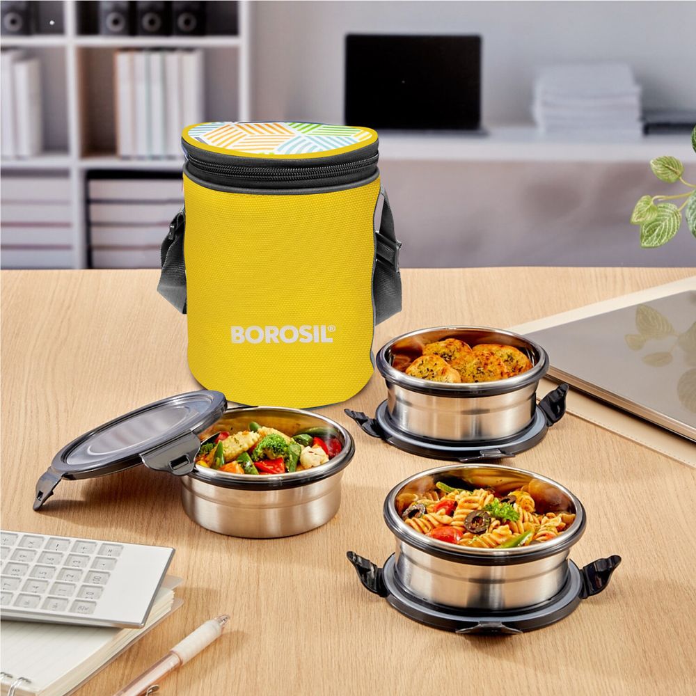 Borosil - Stainless Steel Round Lunch Box With Carry Bag Set - Yellow - 4 Pcs - 400 ml