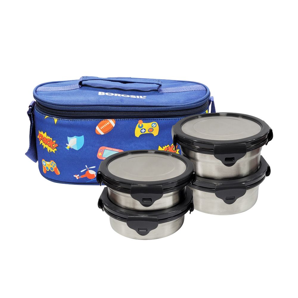 Borosil - Stainless Steel Round Lunch Box With Carry Bag Set - Blue - 5 Pcs