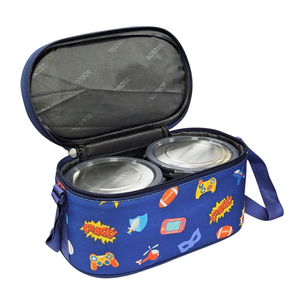 بوروسيل - مجموعة صندوق غداء دائري ستانلس ستيل مع شنطة حمل - أزرق - 5 قطع