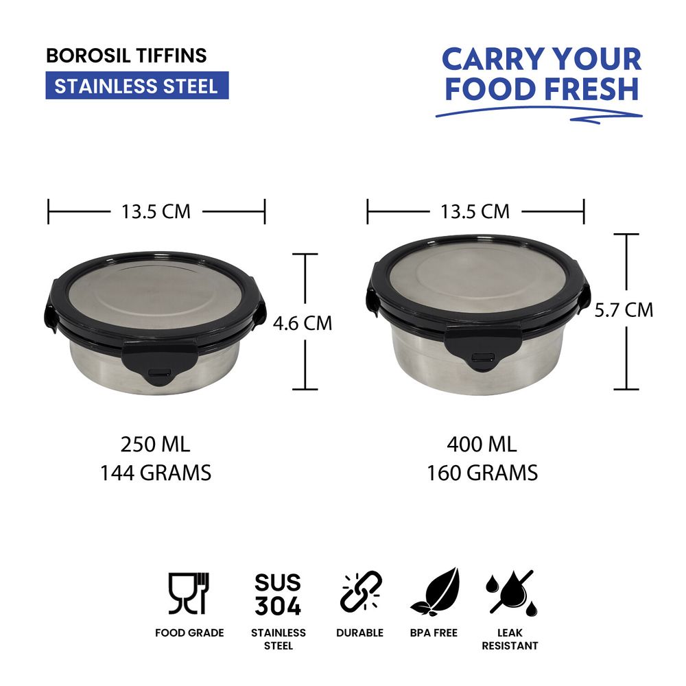 Borosil - Stainless Steel Round Lunch Box With Carry Bag Set - Blue - 5 Pcs