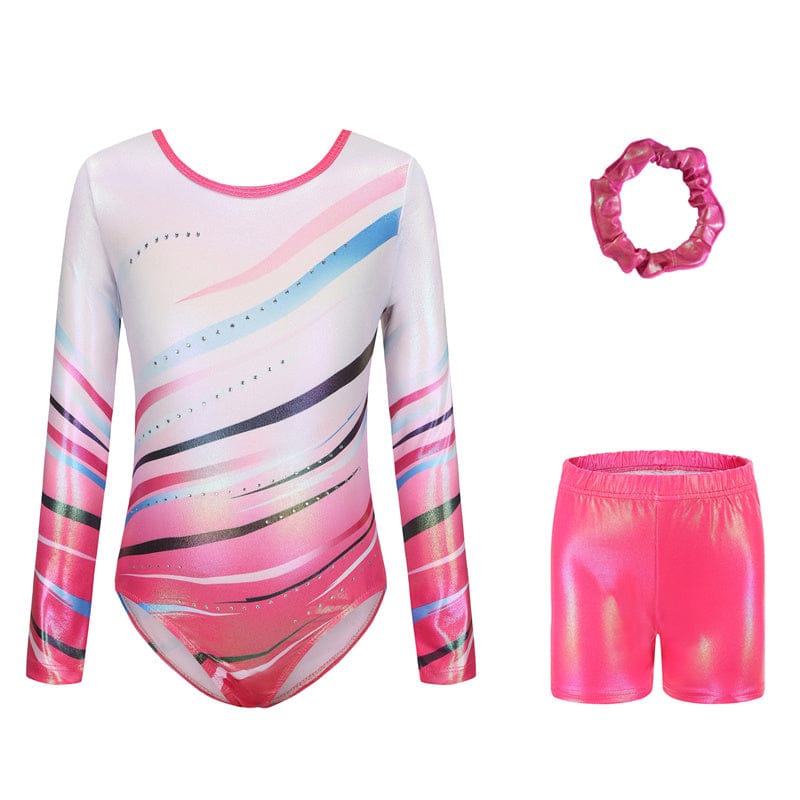 Onesports - 3pc-Set - Girl's Linea Gymnastics Leotard, Shorts & Scrunchie - Multicolor