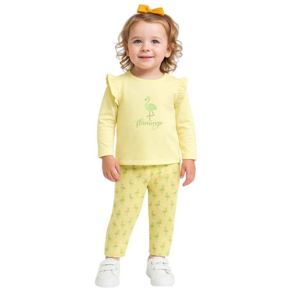 Luay - 2pc-Set - Girls' Flamingo Printed Co-Ord T-Shirt & Pants - Soft Yellow