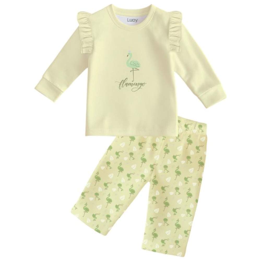 Luay - 2pc-Set - Girls' Flamingo Printed Co-Ord T-Shirt & Pants - Soft Yellow