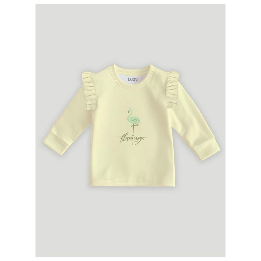 Luay - 2pc-Set - Girls' Flamingo Printed Co-Ord T-Shirt & Pants - Soft Yellow