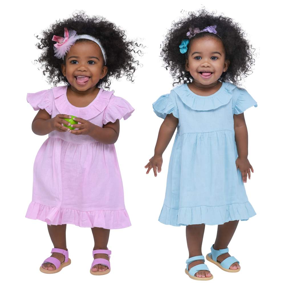 Luay - 2pc-Set - Linen Baby Frock With Frills - Pink/Blue