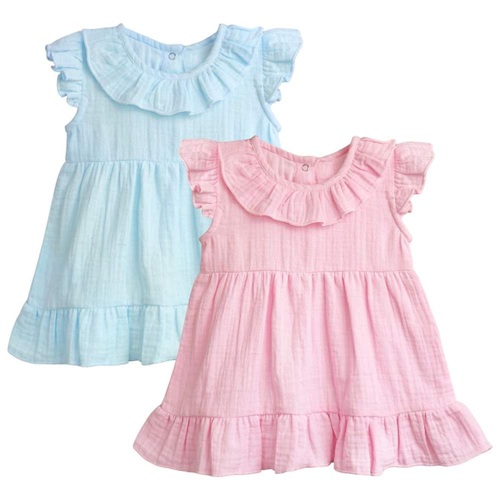 لؤي - طقم قطعتين - فستان كتان بكشكشة للبنات - وردي/أزرق