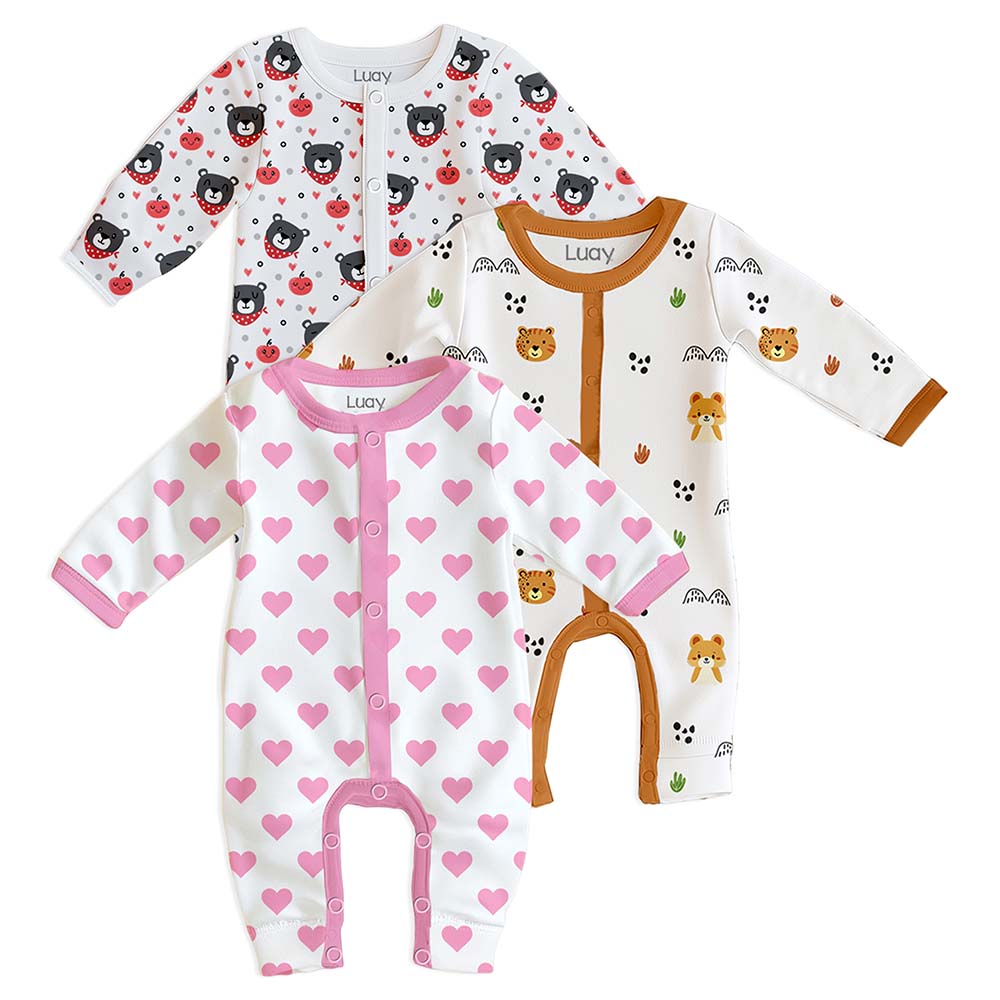 Luay - 3pc-Set - Baby Full Sleeves Printed Romper - White/Pink/Black/Brown