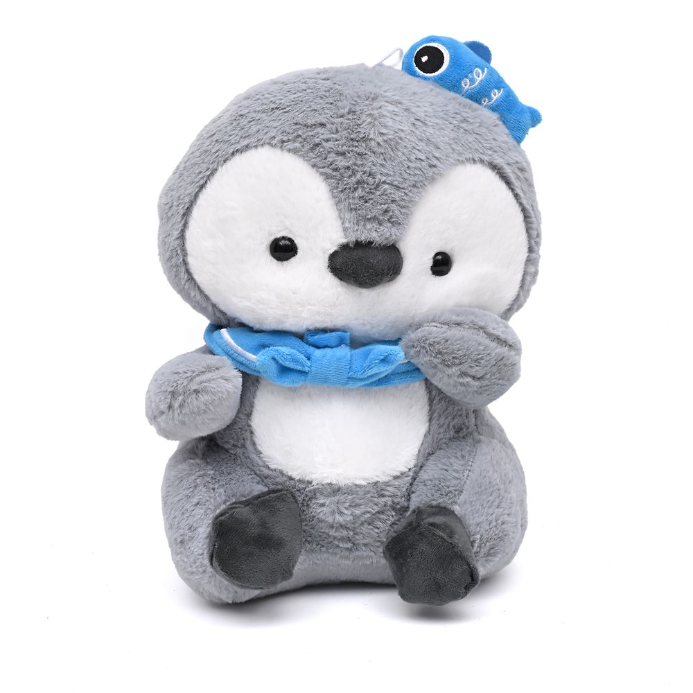Toto Toys - Penguin With Blue Fish Soft Plush Toy - Grey - 30 cm