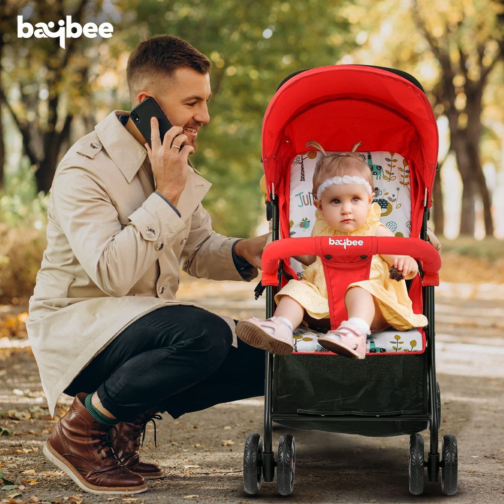 بايبي - عربية أطفال خفيفة الوزن للسفر بمقبض مستدير - أحمر/أسود