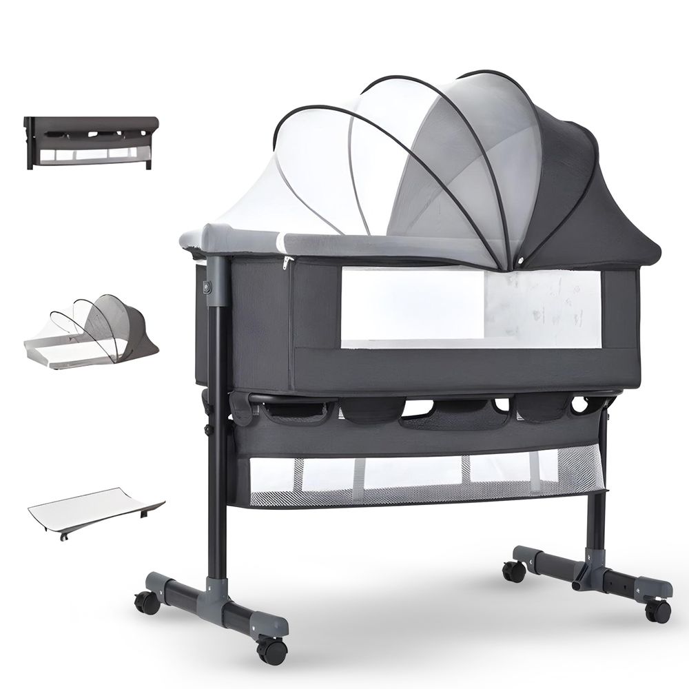 Baybee - 3-In-1 Foldable Bedside Crib With Wheels - Grey