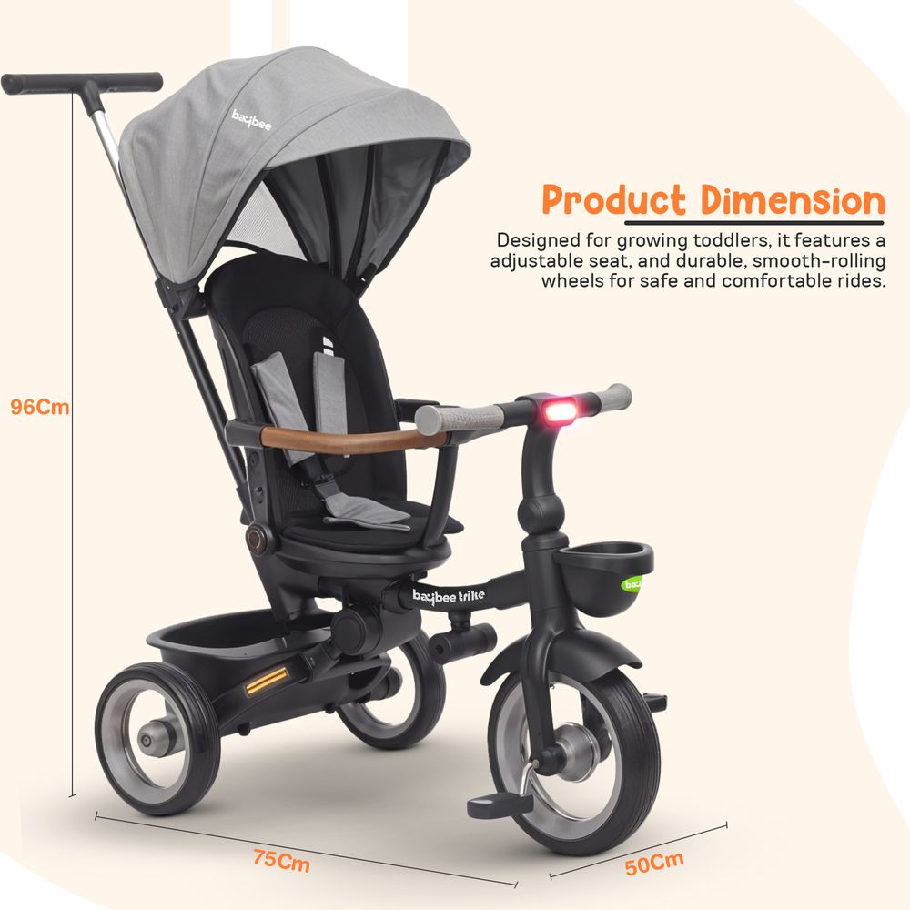 Baybee - Cozy 7-In-1 Convertible Tricycle For Kids - Grey