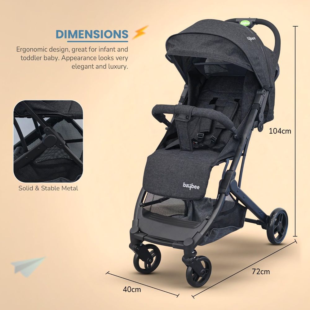 بايبي - عربية أطفال خفيفة الوزن قابلة للطي للسفر بإطار معدني - أسود