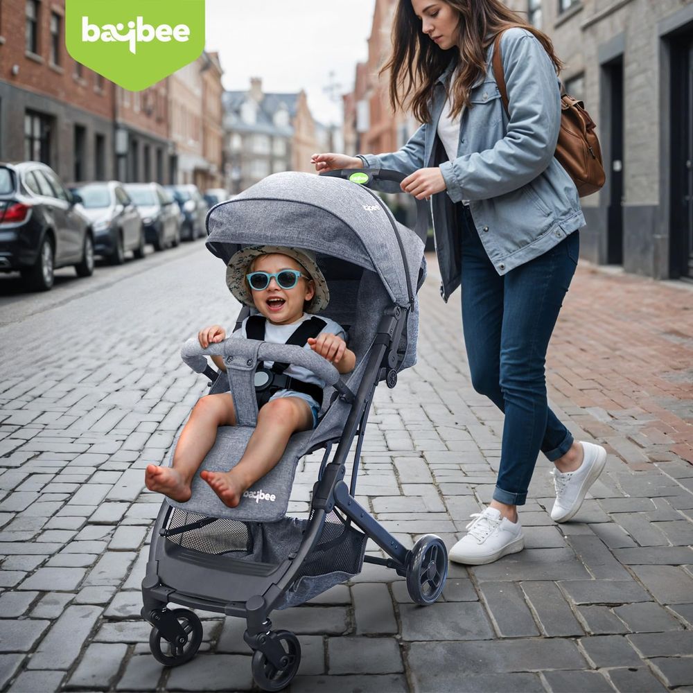 بايبي - عربية أطفال خفيفة الوزن قابلة للطي للسفر بإطار معدني - رمادي