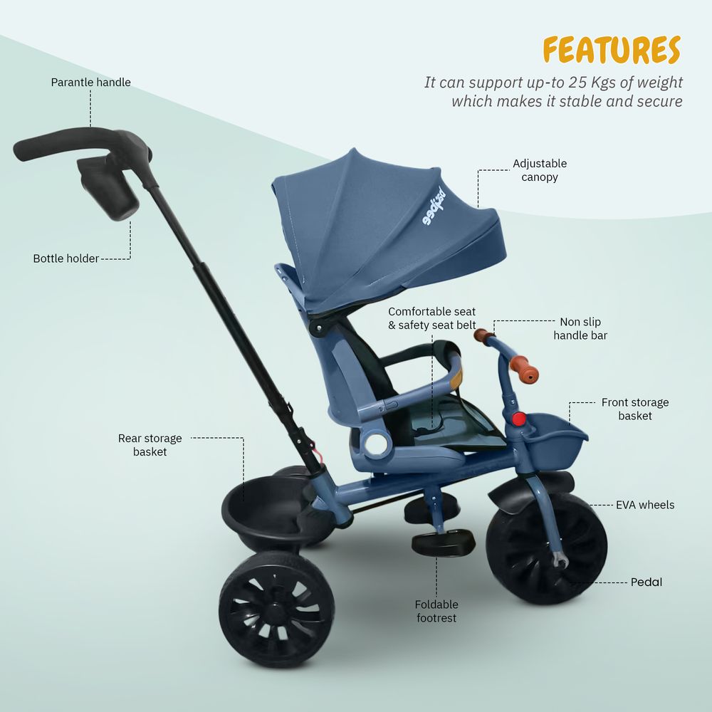 بايبي - دراجة ثلاثية العجلات أونو 3 في 1 للأطفال - أزرق