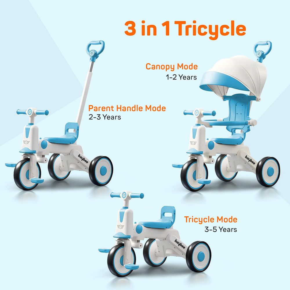 Baybee - Pico 3-In-1 Tricycle With Parent Handle & Canopy - Blue