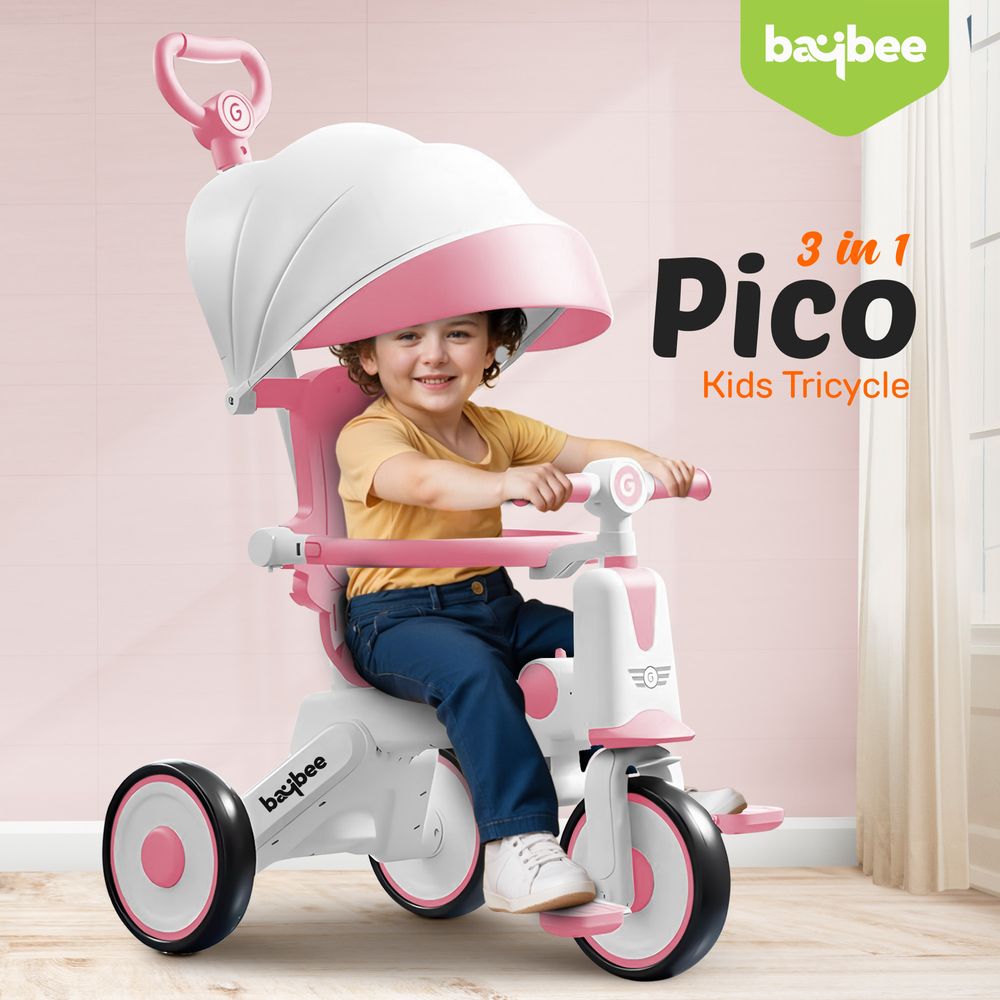 Baybee - Pico 3-In-1 Tricycle With Parent Handle & Canopy - Pink