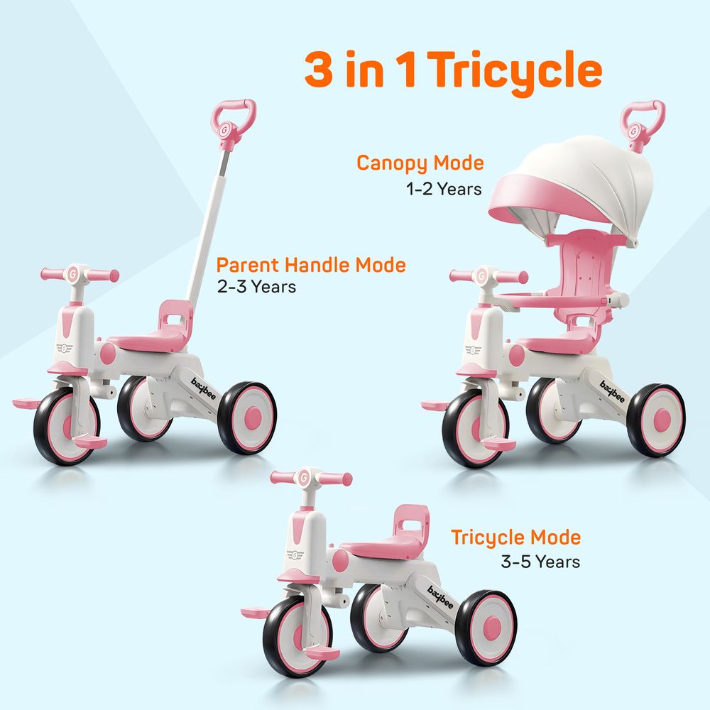 Baybee - Pico 3-In-1 Tricycle With Parent Handle & Canopy - Pink