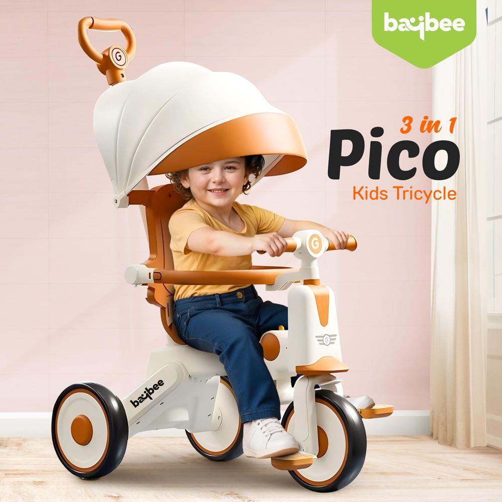 Baybee - Pico 3-In-1 Tricycle With Parent Handle & Canopy - White
