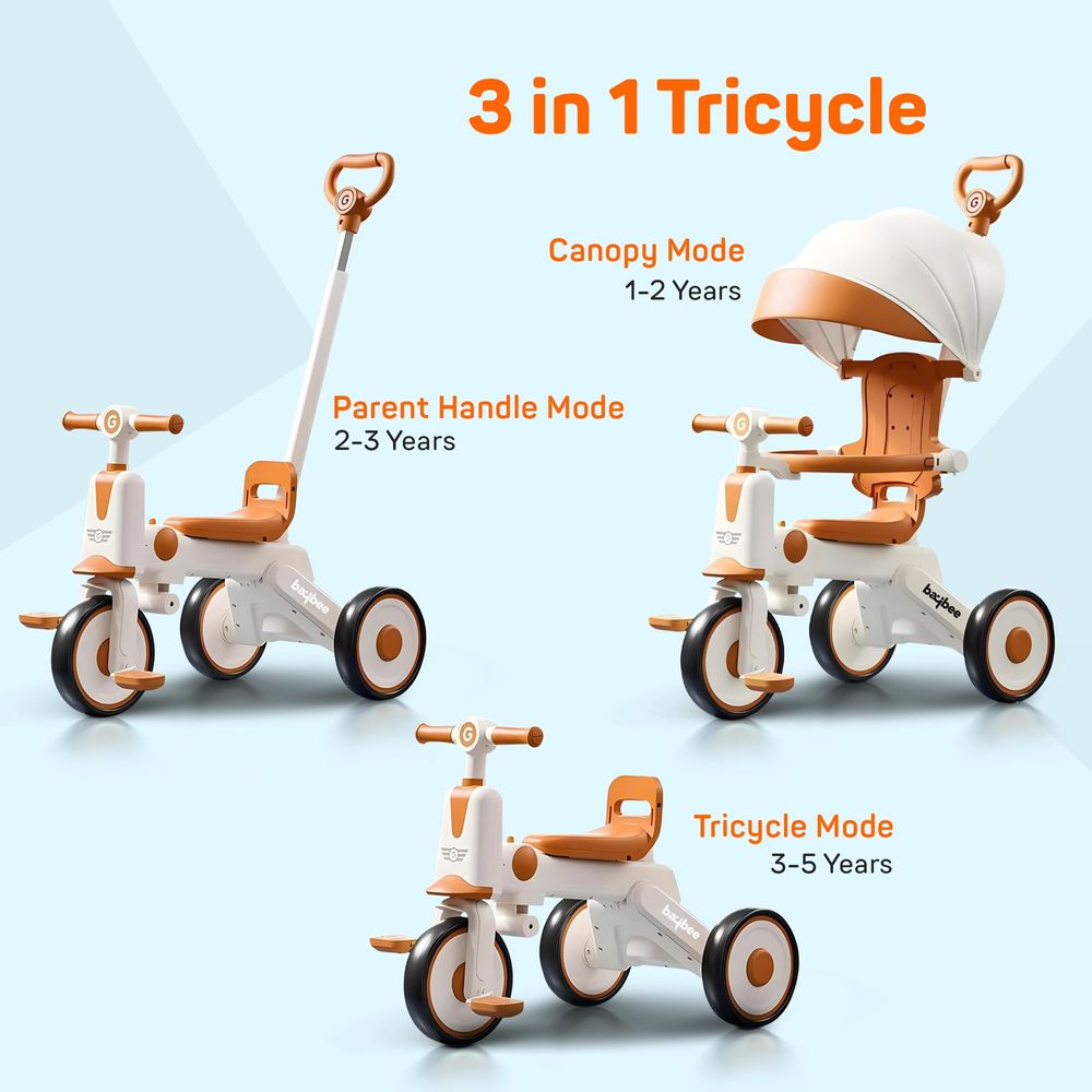 Baybee - Pico 3-In-1 Tricycle With Parent Handle & Canopy - White