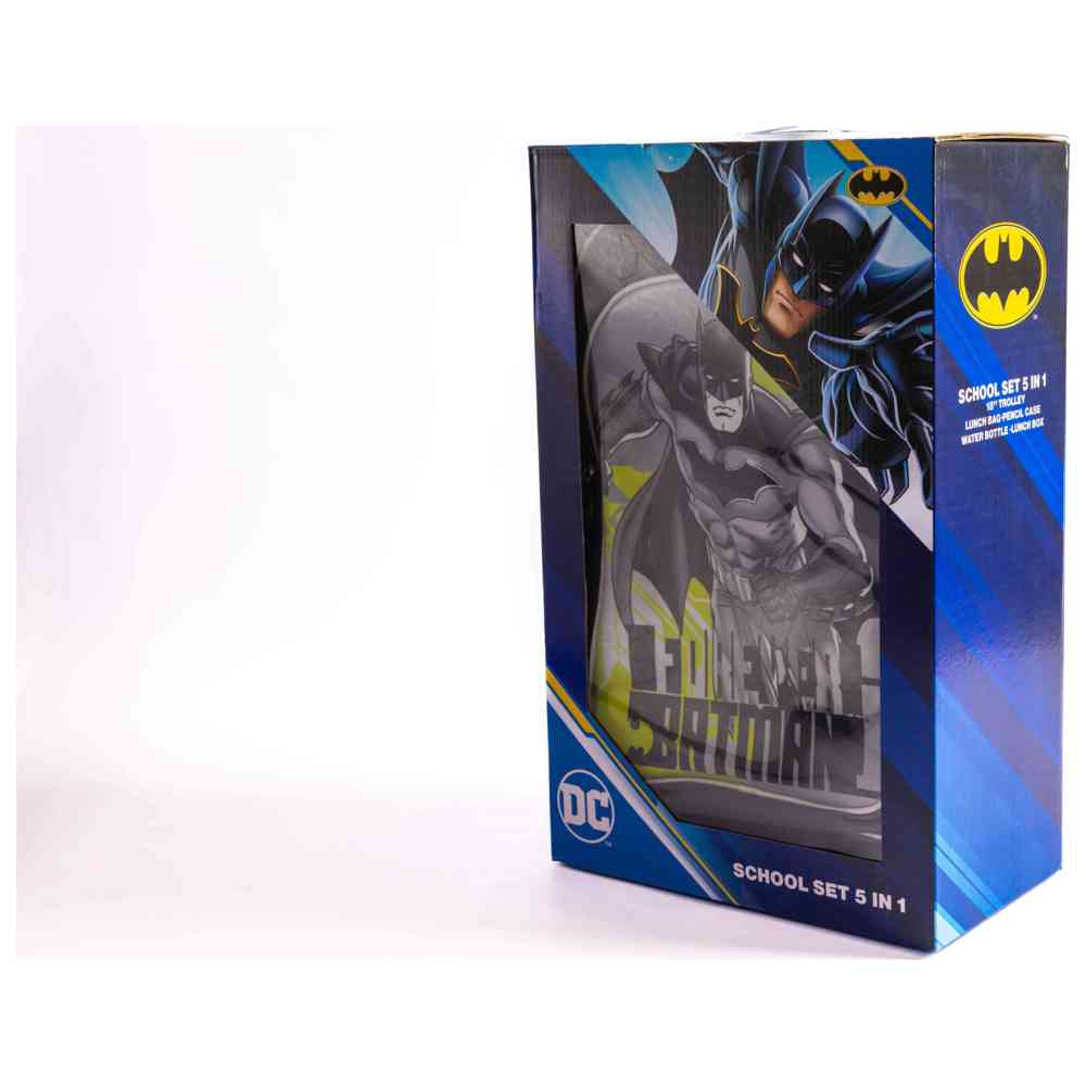 باتمان - مجموعة عربة مدرسية 5 في 1، مقاس 18 إنش، مع شنطة غداء، ومقلمة، وزمزمية مياه، وصندوق غداء - رمادي غامق