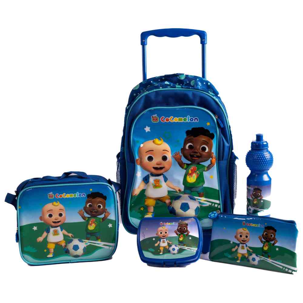 Cocomelon - 5-in-1 School Set - 16-Inch Trolley Bag with Lunch Bag, Pencil Case, Water Bottle & Lunch Box-Blue