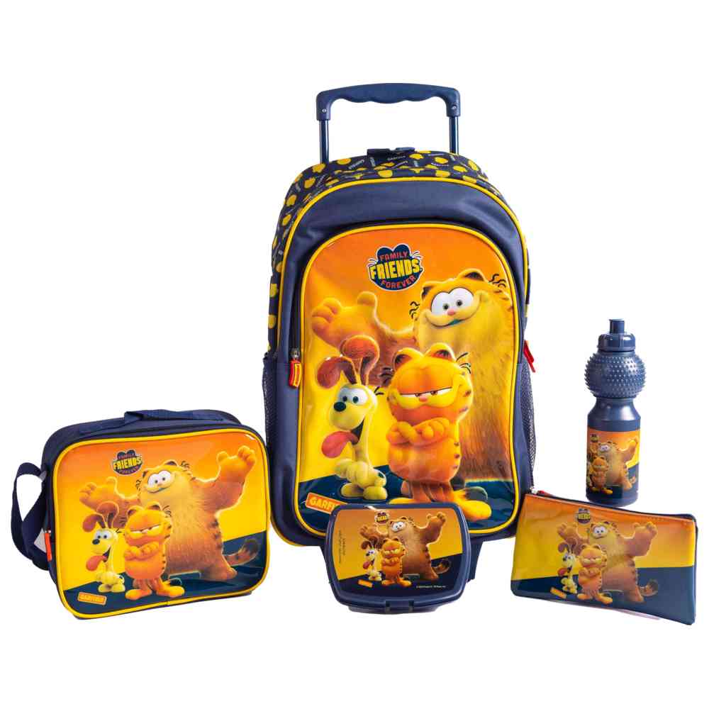 Garfield - 18-Inch School Trolley Set with Lunch Bag, Pencil Case, Water Bottle & Lunch Box - Dark Blue 
