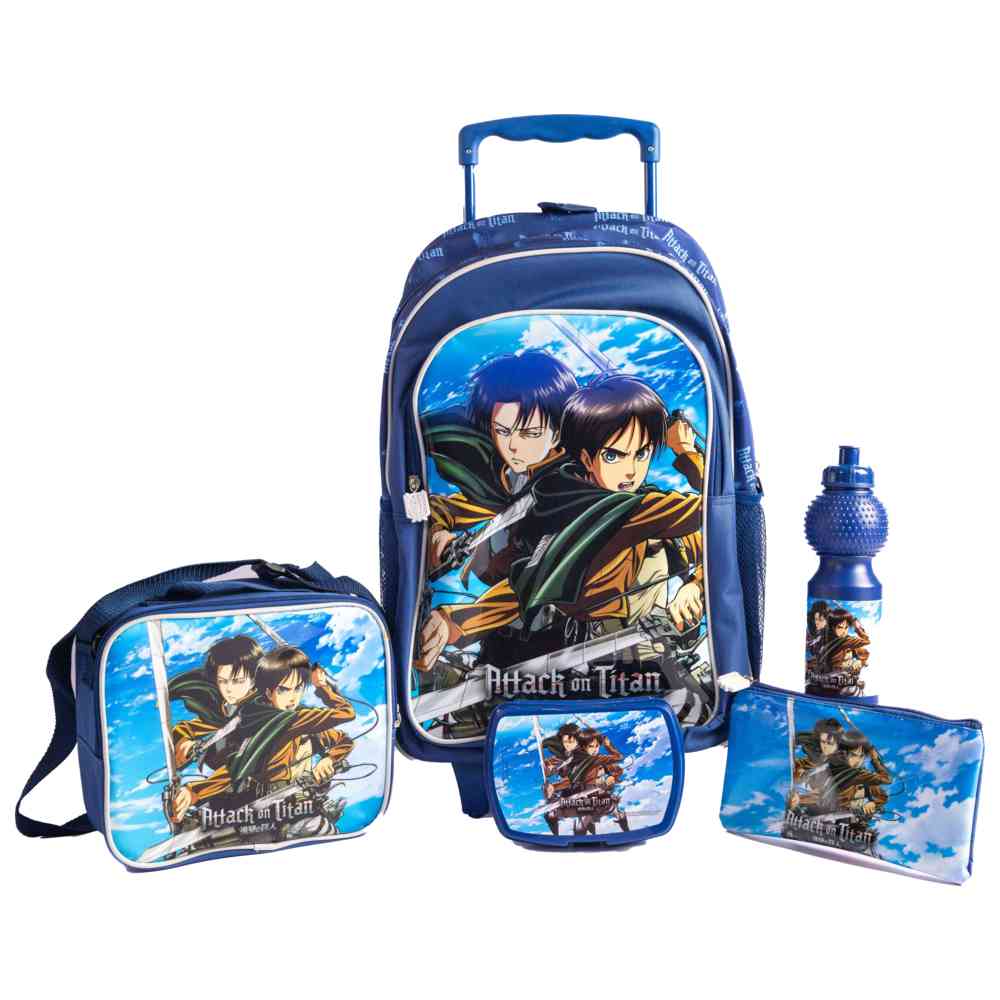 هجوم العمالقة - مجموعة شنطة عربة مقاس 18 إنش مع شنطة غداء، ومقلمة، وزمزمية مياه، وصندوق غداء - أزرق