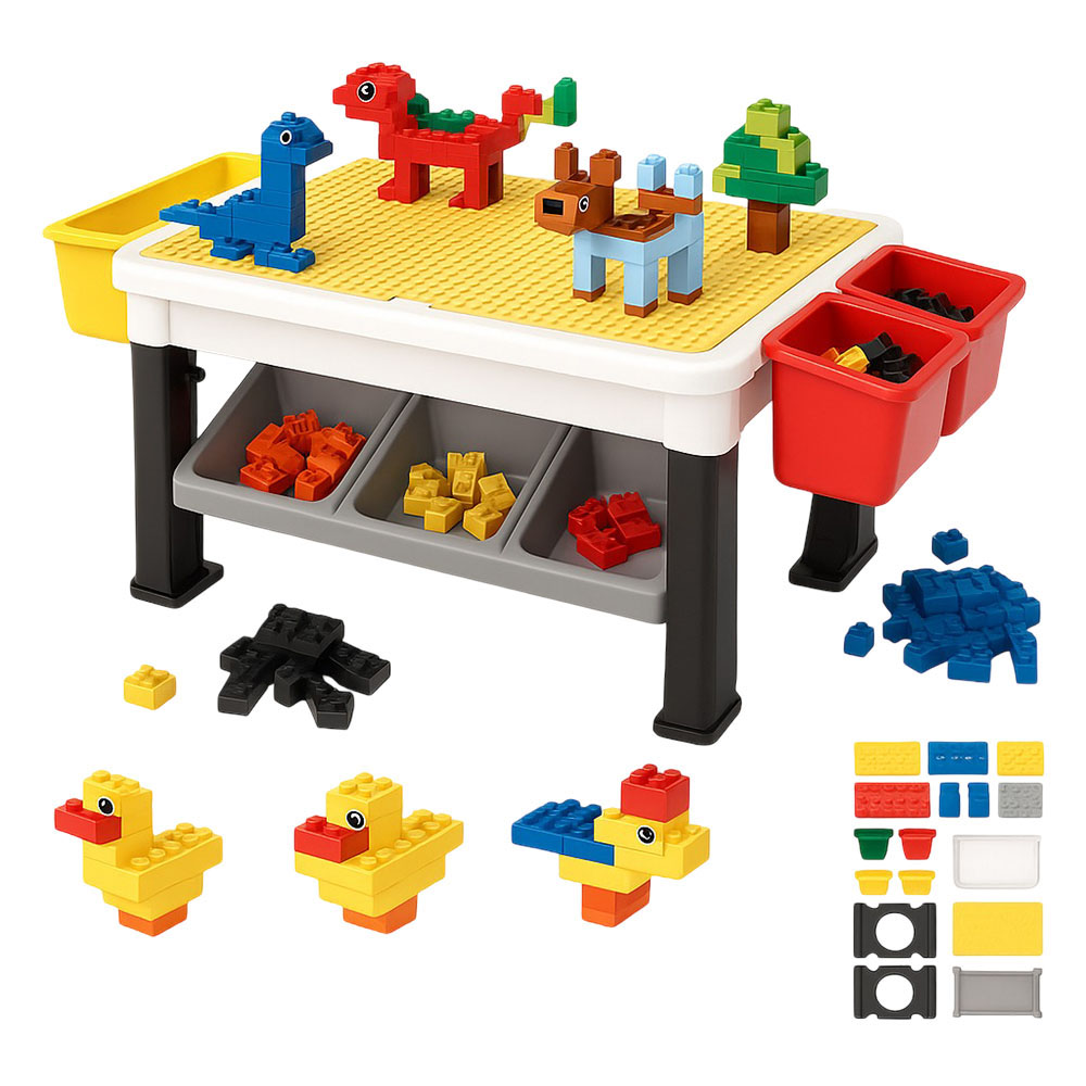 كيكيبي - طاولة مكعبات بناء من 300 قطعة - تجمع بين مكعبات البناء ومكتب الدراسة وسطح اللعب - متعددة الألوان