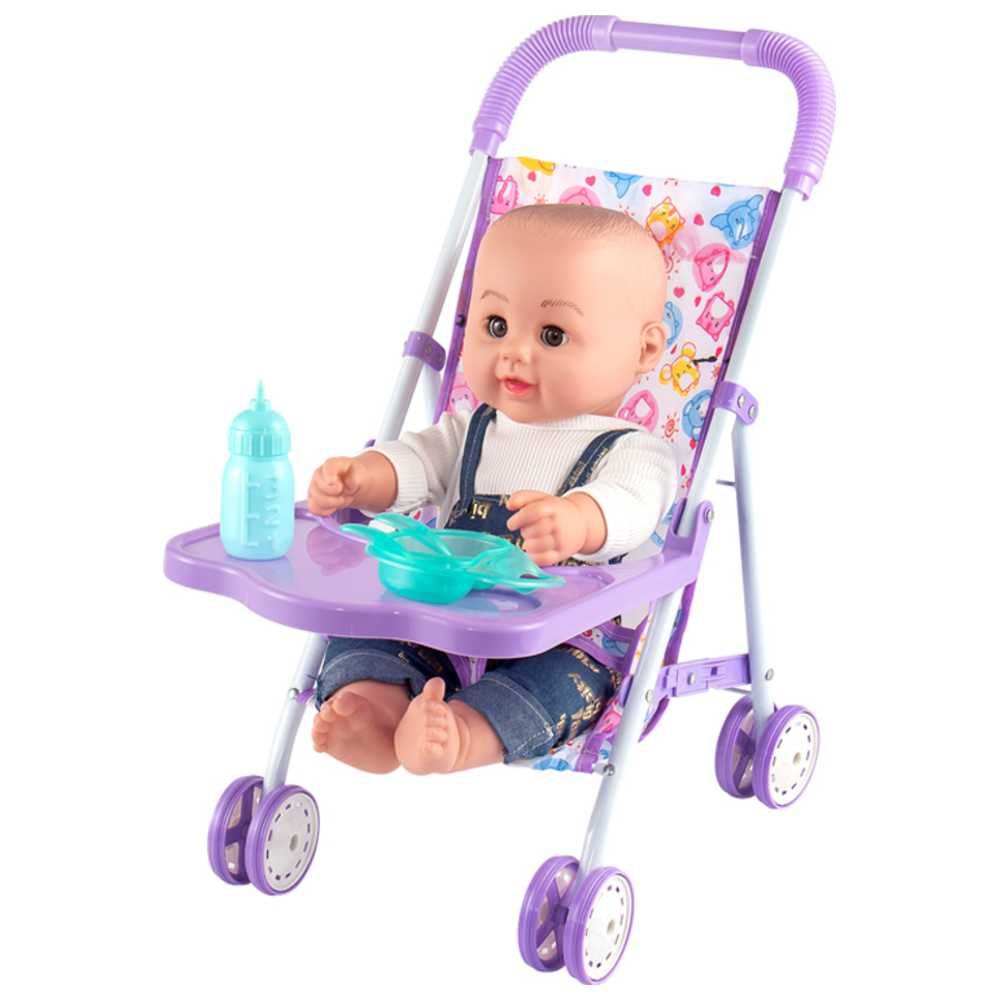 Kikibebe - 18-Inch Fat Boy Doll with Stroller, Bottle & Dinner Plate - Boys - Multicolor