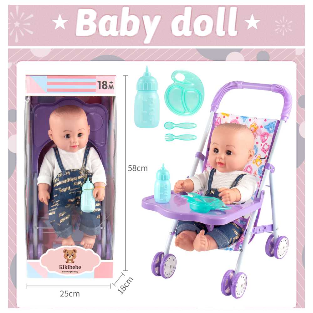 Kikibebe - 18-Inch Fat Boy Doll with Stroller, Bottle & Dinner Plate - Boys - Multicolor