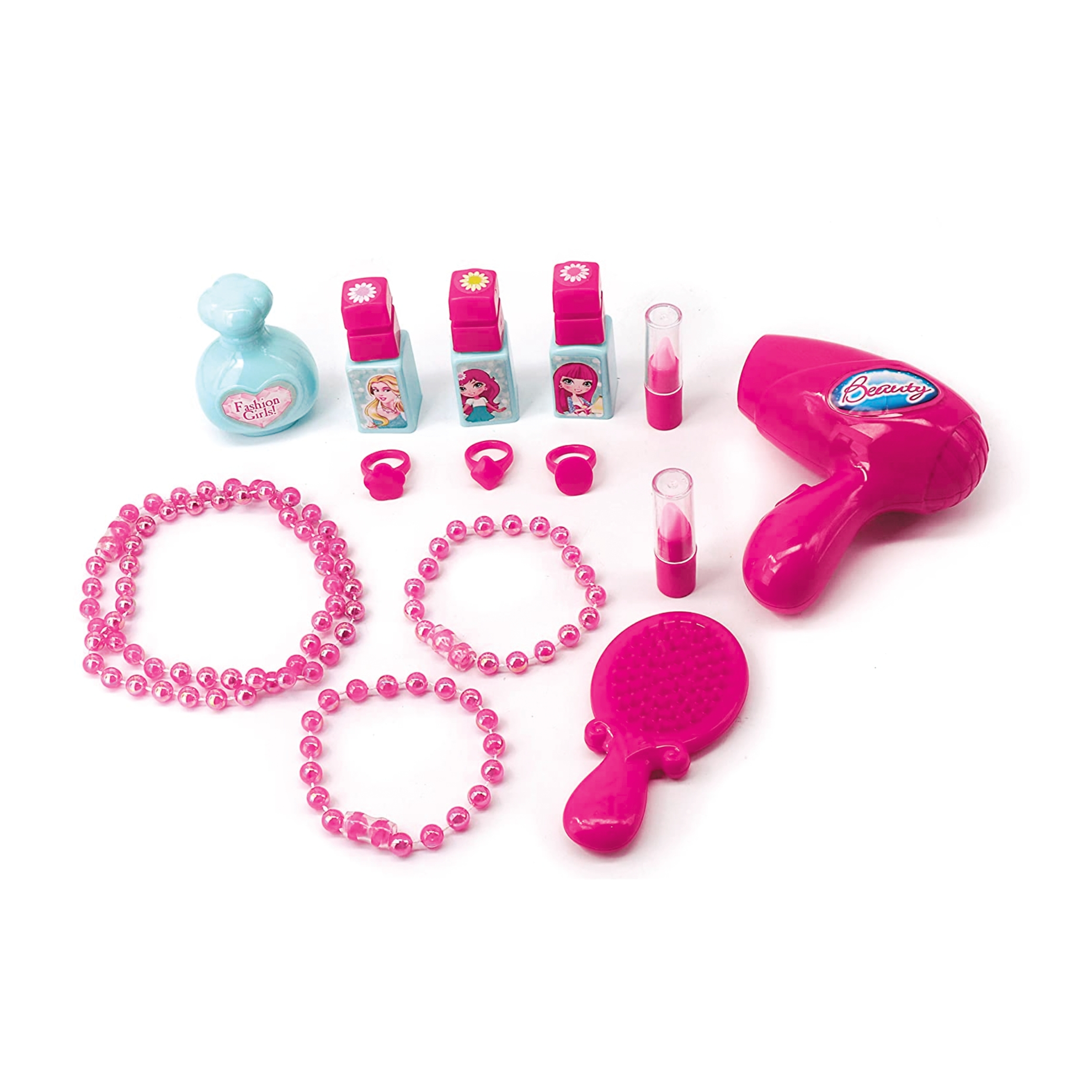 مجموعة أدوات التجميل بعجلات   - لعبة مكياج تظاهري مع ملحقات أساسية (وردي)