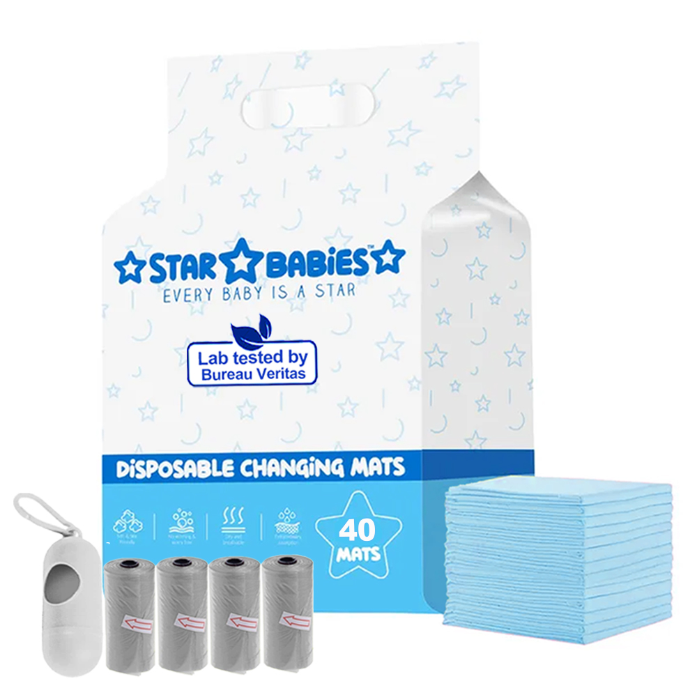 Star Babies - Disposable Changing Mat - 40 Pcs With Disposable Nappy Bag - Blue/Grey - 60 Pcs