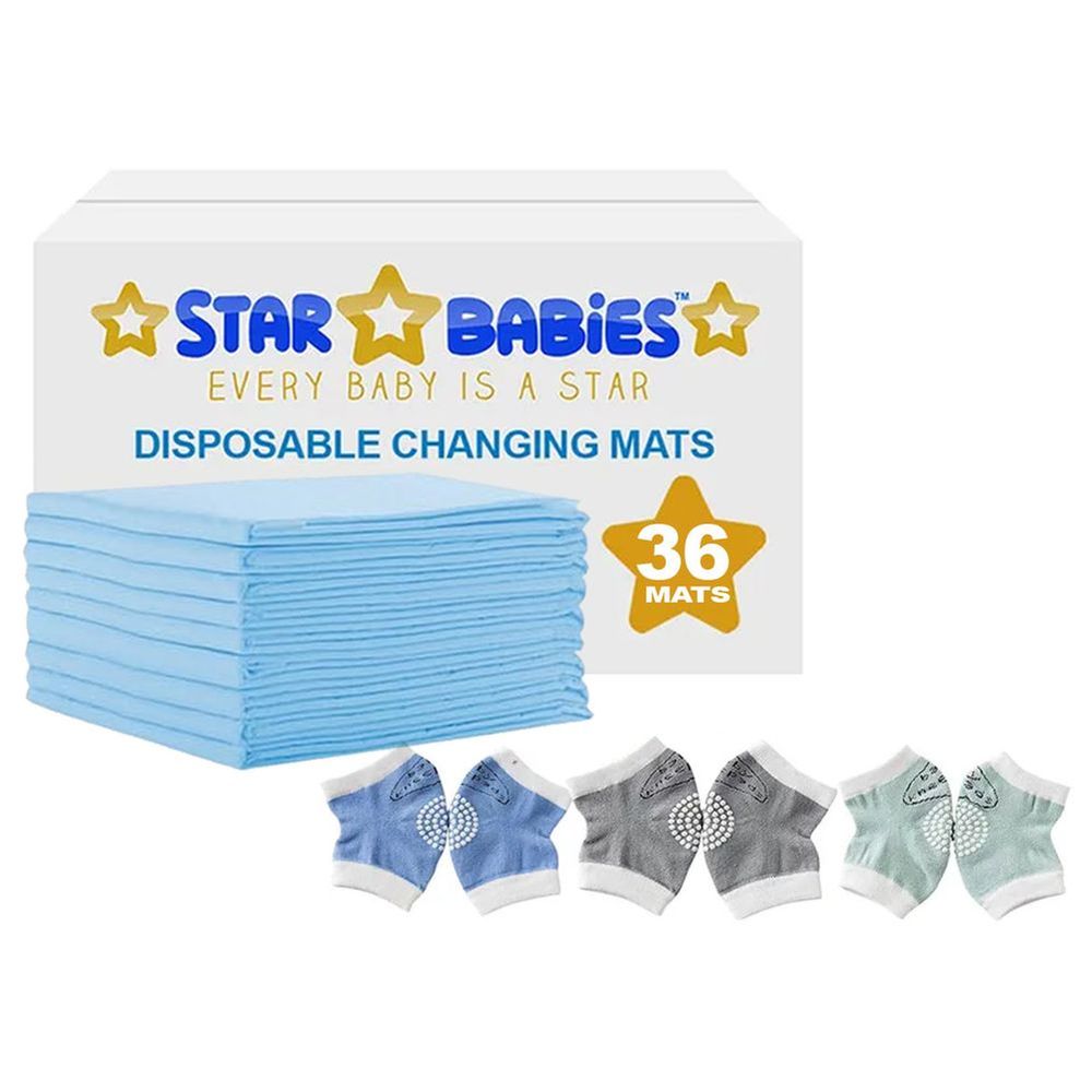 ستار بيبيز -مفارش تغيير الحفاضات للاستخدام مرة واحدة عدد 36 مع واقيات ركب للأطفال الرضع - أزرق