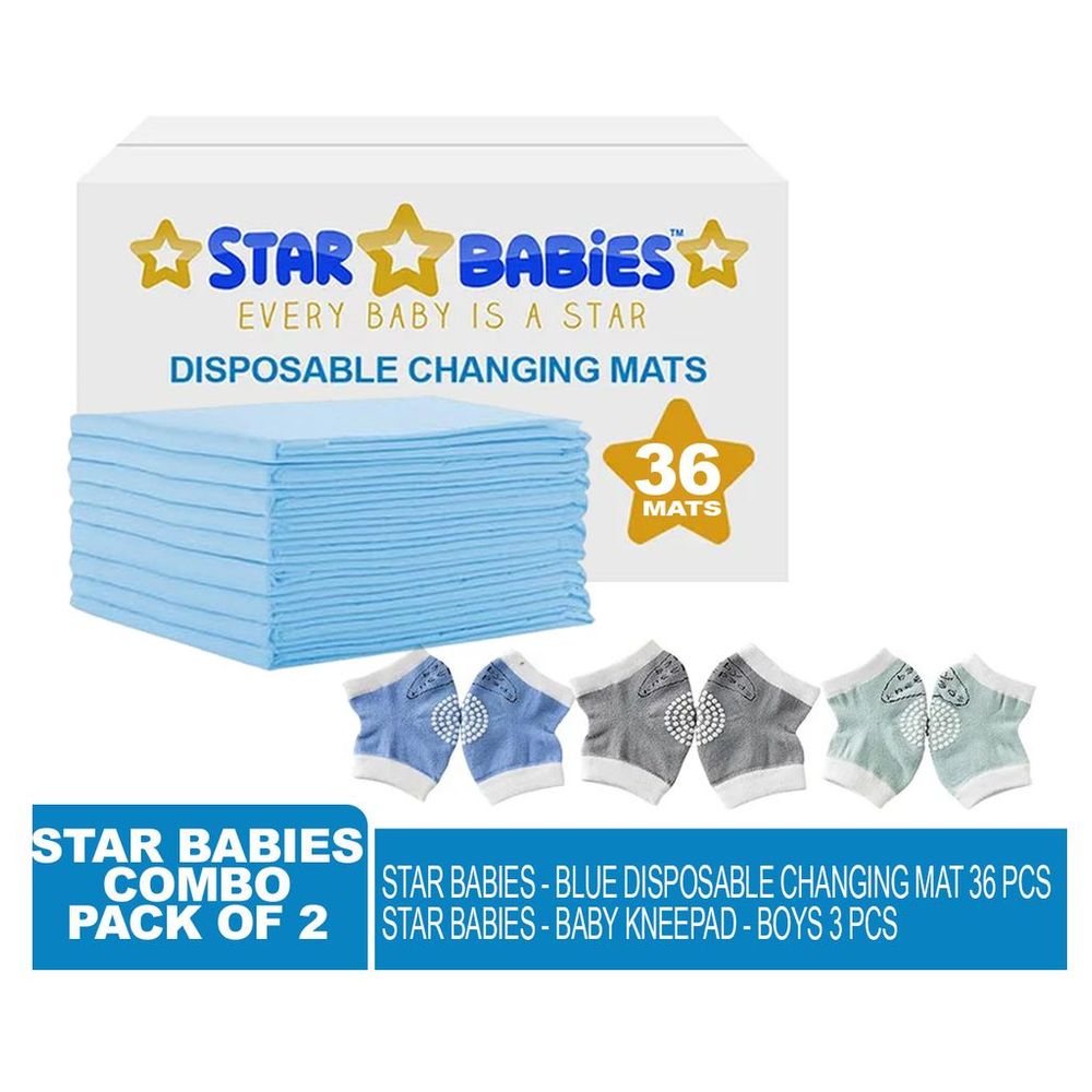 ستار بيبيز -مفارش تغيير الحفاضات للاستخدام مرة واحدة عدد 36 مع واقيات ركب للأطفال الرضع - أزرق