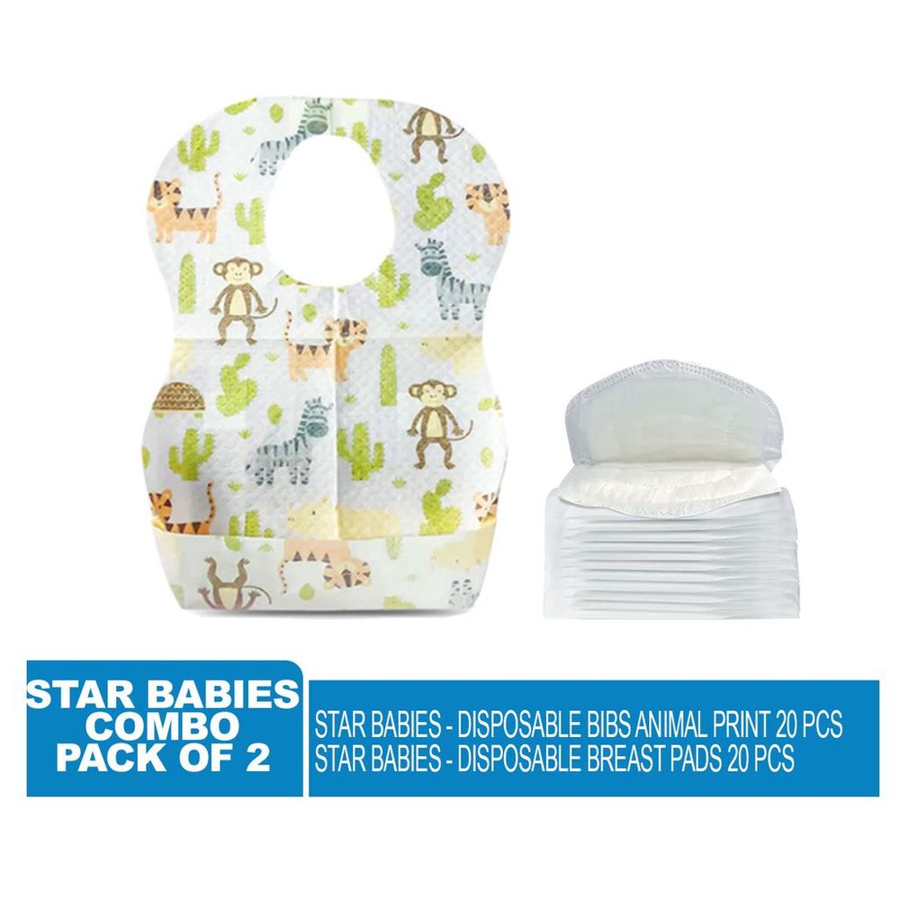 ستار بيبيز - مرايل للاستخدام مرة واحدة بنقشة حيوانات، 20 قطعة مع وسادة للصدر