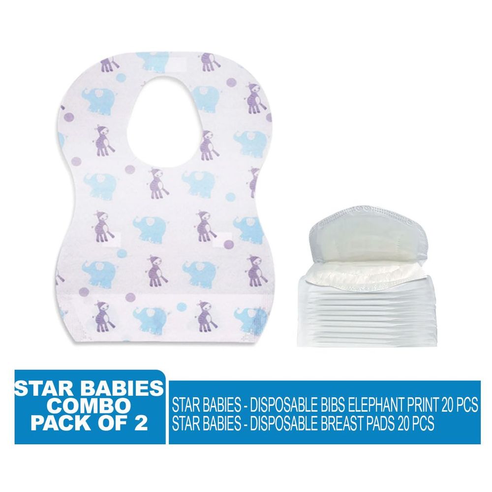 ستار بيبيز - مرايل للاستخدام مرة واحدة بنقشة الفيل، 20 قطعة مع وسادة للصدر