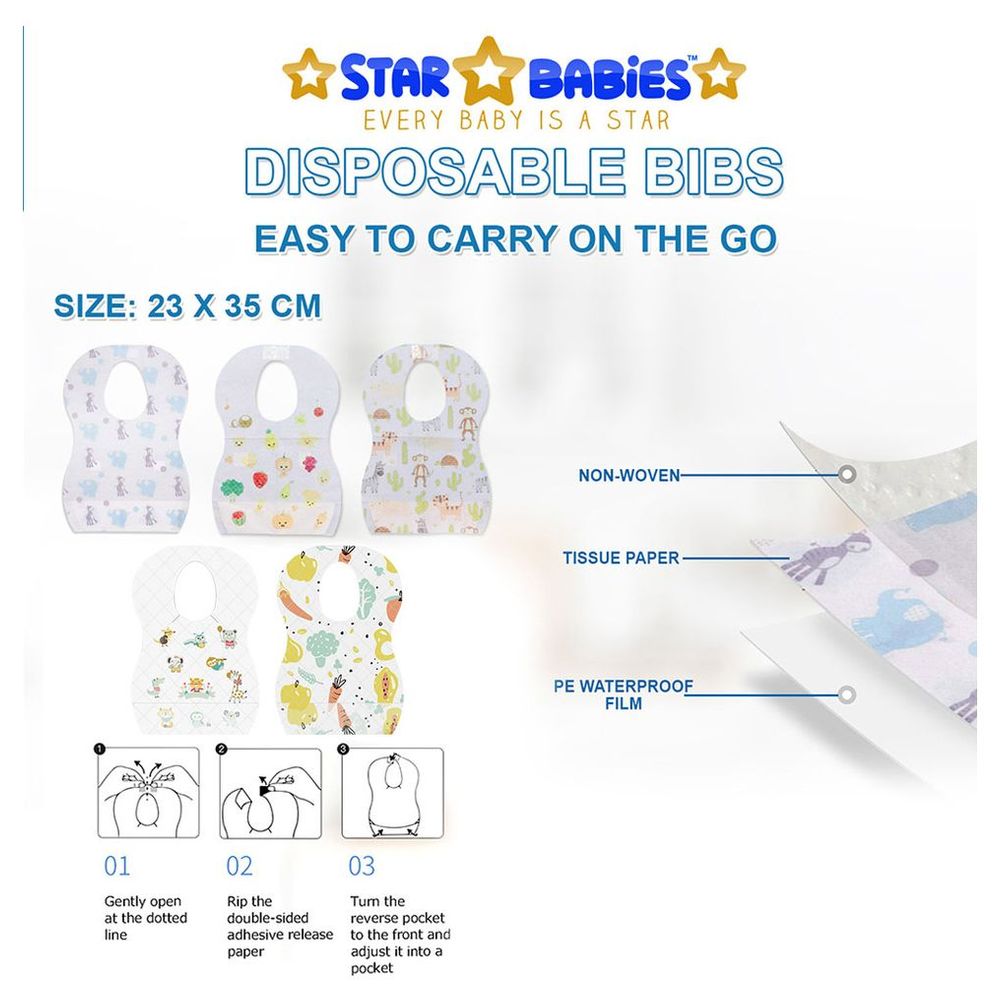 ستار بيبيز - مرايل للاستخدام مرة واحدة بنقشة الفيل، 20 قطعة مع وسادة للصدر