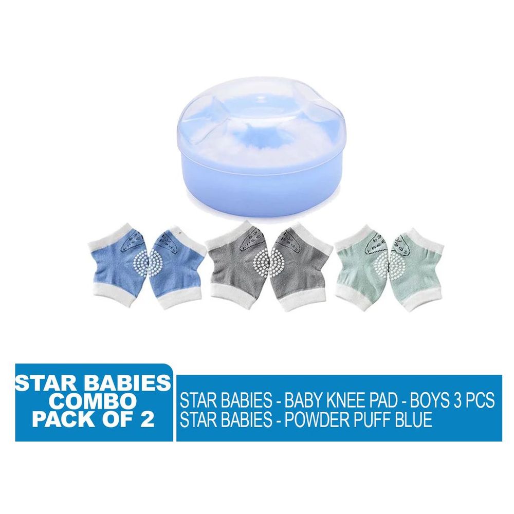 ستار بيبيز - اسفنجة بودرة للأطفال مع واقيات ركب للأولاد - 3 قطع - أزرق