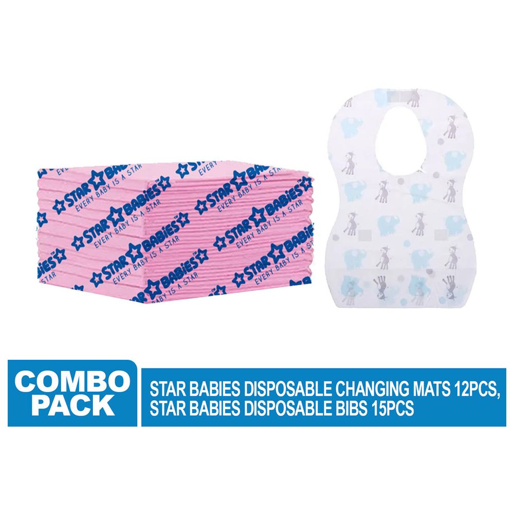 ستار بيبيز - مرايل للاستخدام مرة واحدة، 15 قطعة مع 12 قطعة من حصيرة تغيير الحفاضات - على شكل فيل