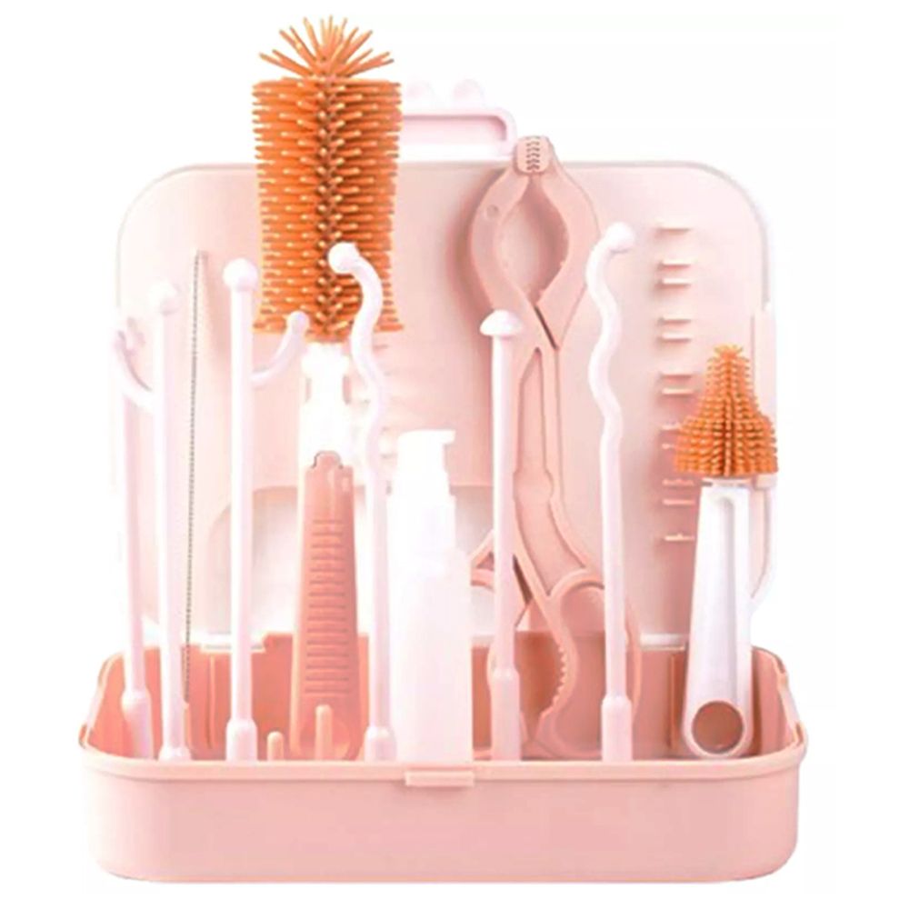 ستار بيبيز - مجموعة فرشاة تنظيف رضّاعات الأطفال 7 في 1 مع رف للسفر - وردي