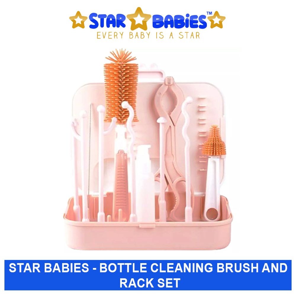 ستار بيبيز - مجموعة فرشاة تنظيف رضّاعات الأطفال 7 في 1 مع رف للسفر - وردي
