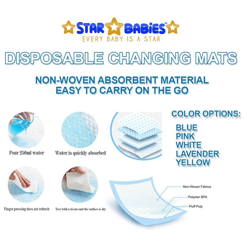 ستار بيبيز - مفارش تغيير حفاضات للاستخدام مرة واحدة - كبير - 45 × 60 سم - أزرق وأبيض