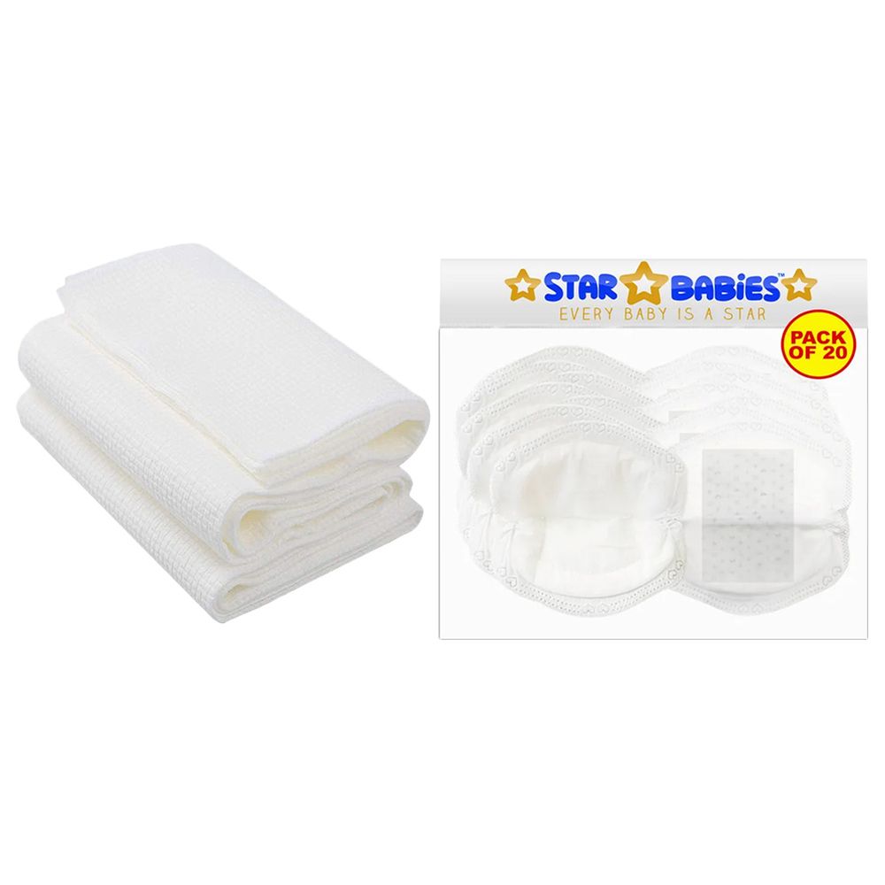 ستار بيبيز - ضمادات صدر للاستخدام مرة واحدة، 20 قطعة مع 3 مناشف للاستخدام مرة واحدة - أبيض